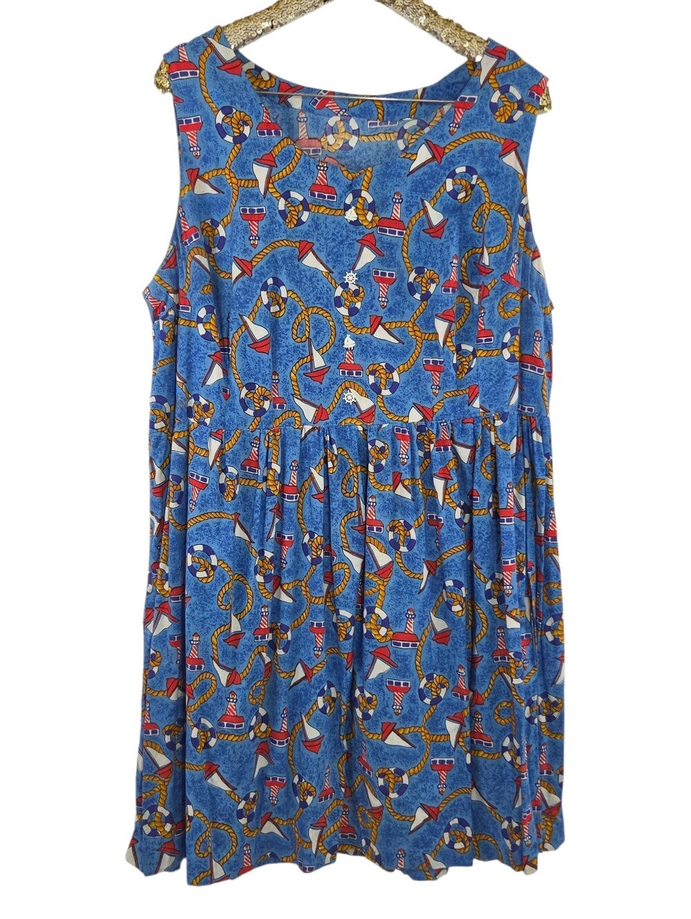 Vintage 80s Homemade Womens Blue Sleeveless Novelty Print Midi Dress Sailorcore